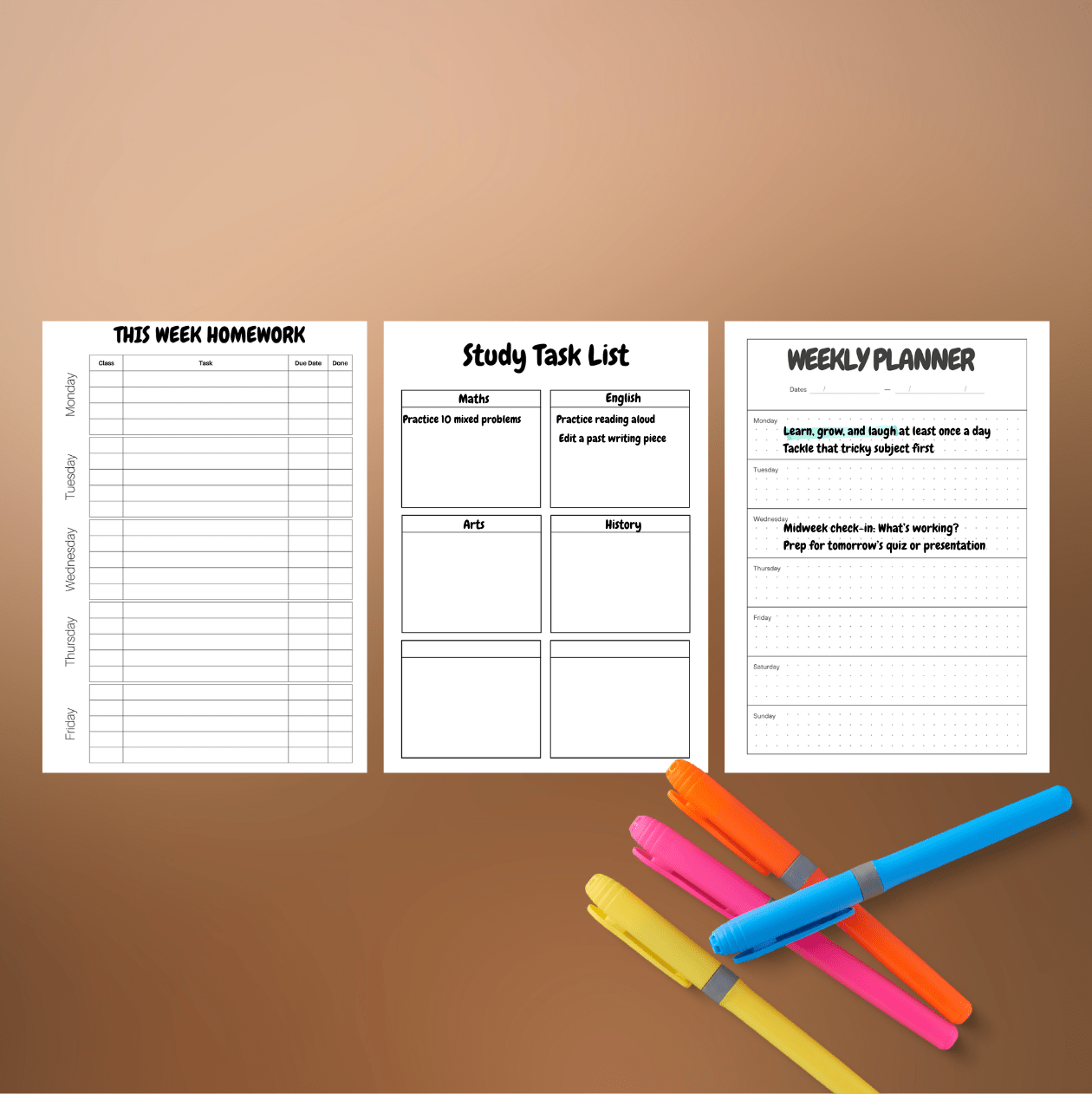 Three educational planners labeled 'This Week Homework', 'Study Task List', and 'Weekly Planner' on a brown background with colorful markers.